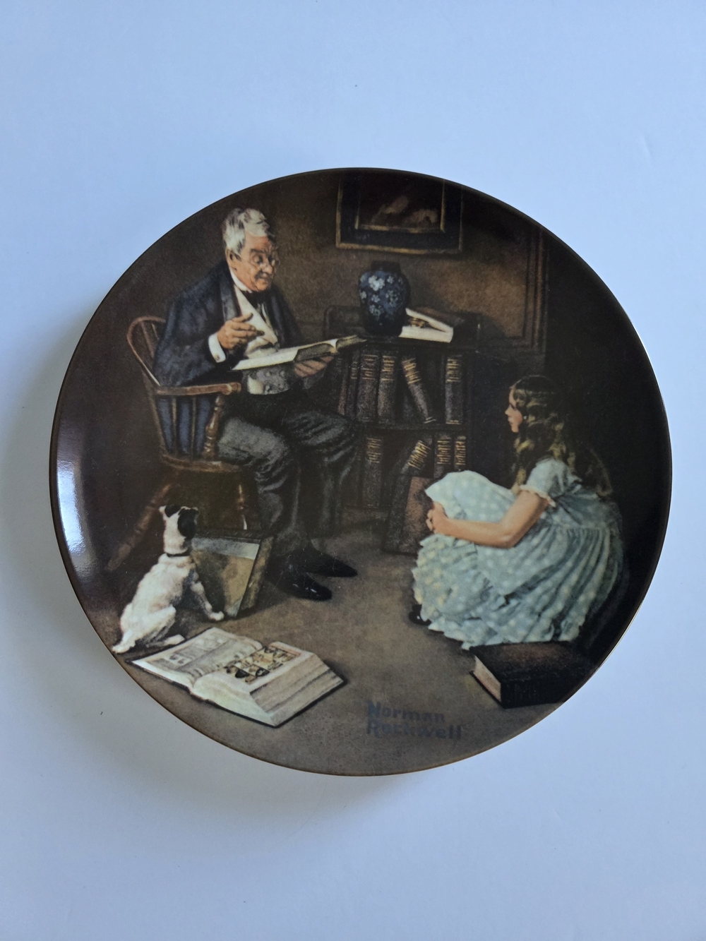 Knowles Decorative Plate Featuring Classic Storytime Scene in Brown and Blue
